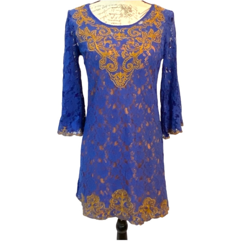 Yahada Royal Blue Lace Gold Elaborate Embroidered Bell‎ Sleeve Dress